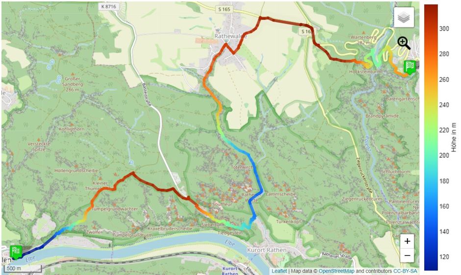 Wanderroute von Wehlen nach Hohnstein. Die Karte von Etappe 2 von 8 Malerweg Etappen.