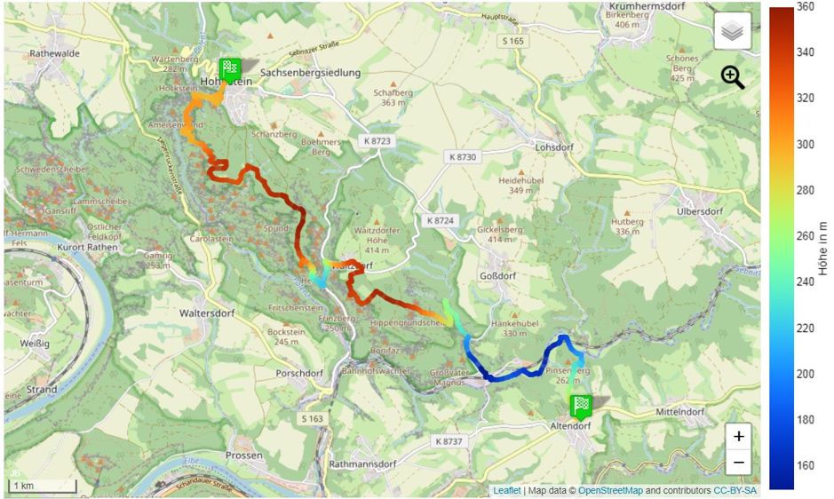 Karte vom dritten Abschnitt vom Malerweg zwischen Hohnstein und Altendorf. Die Karte von Etappe 3 des Malerweges.