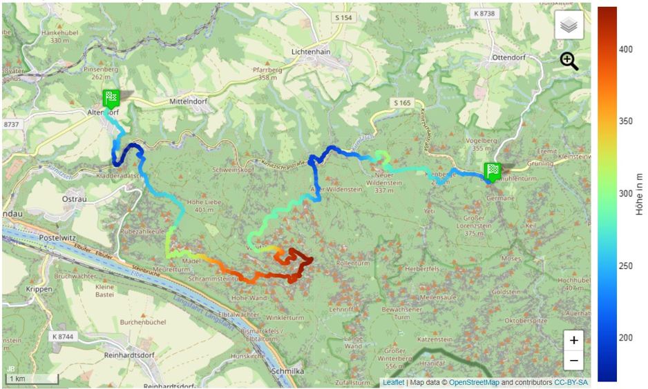 Die vierte Etappe vom Malerweg von Altendorf nach Neumannmühle. Die Karte von Etappe 4 des Malerweges.