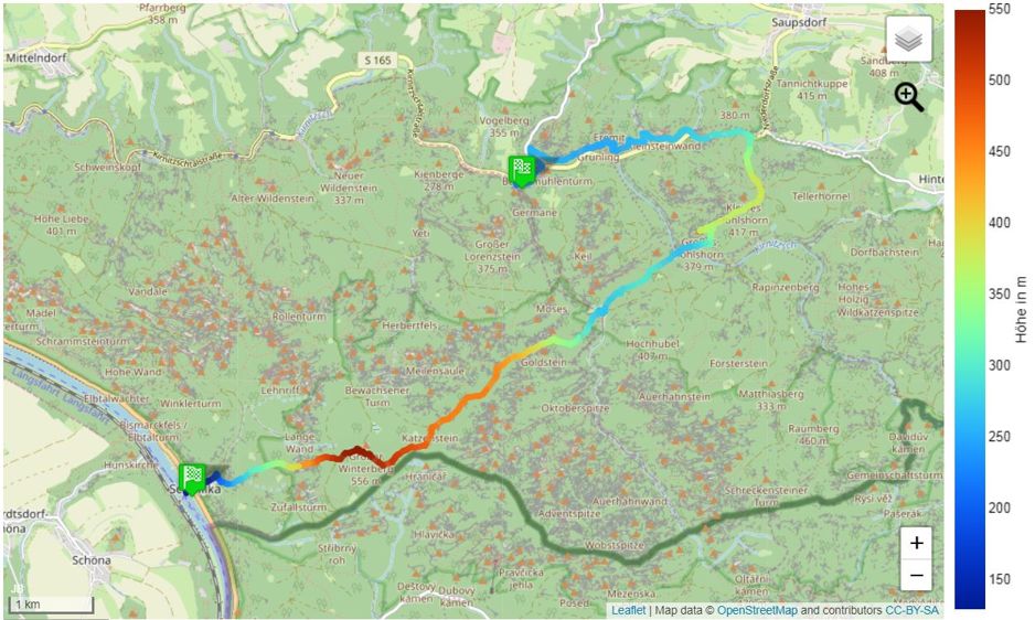 Auf dem Malerweg von Neumannmühle im Kirnitzschtal nach Schmilka. Die Karte von Etappe 5 des Malerweges.