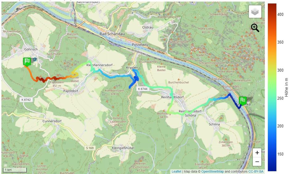 Die sechste von acht Etappen vom Malerweg. Die Karte von Etappe 6 von 8 Malerweg Etappen.