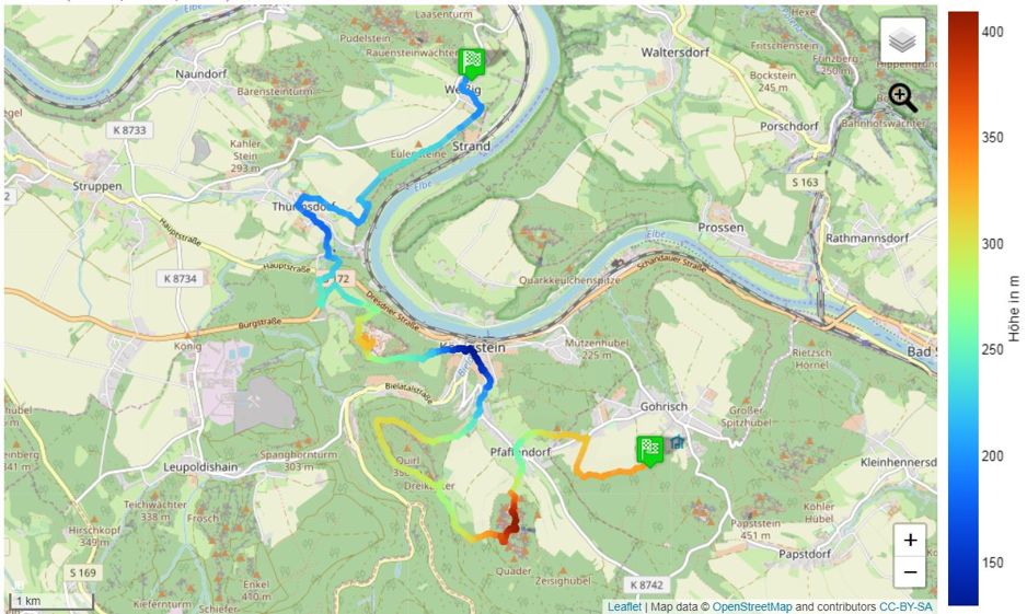 Wanderkarte für die 7. Etappe des Malerweges. Die Karte von Etappe 7 des Malerweges.